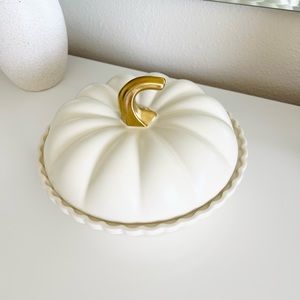 Ceramic Pumpkin Shaped Deep Pie Dish with Lid. Cream